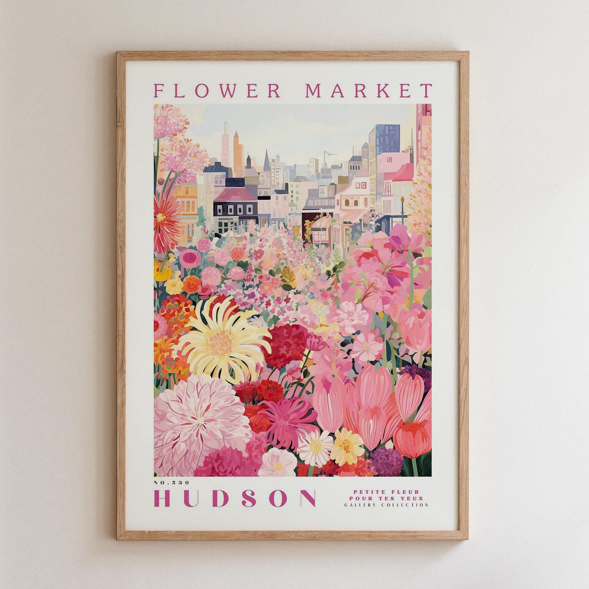 A framed poster depicting a vibrant and colorful flower market in Hudson, New York.