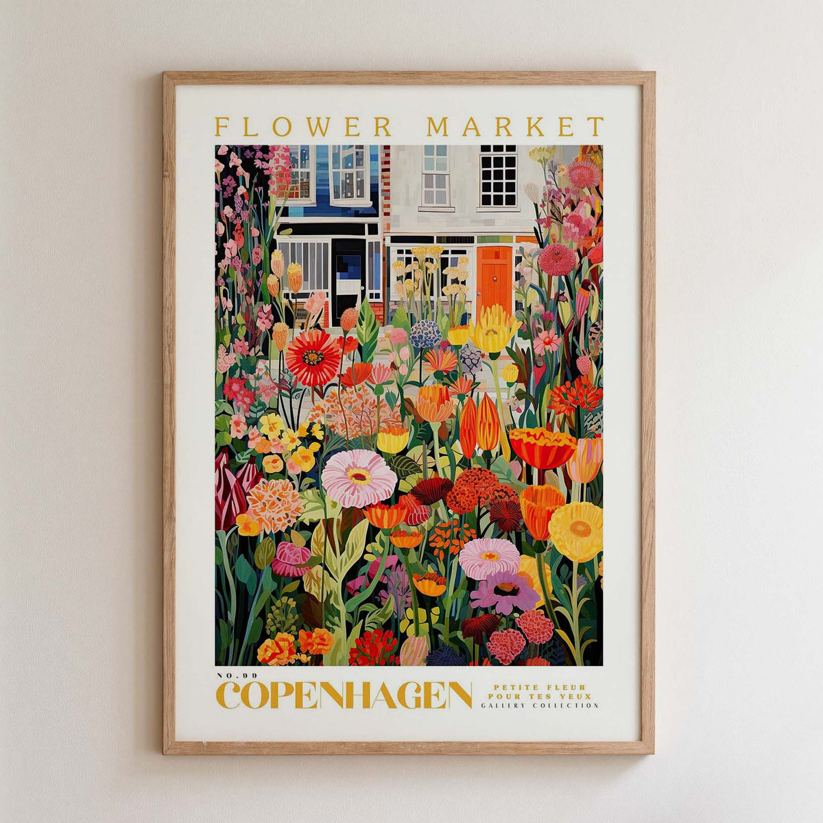 The image is a framed poster depicting a vibrant and colorful flower market in Copenhagen, Denmark.