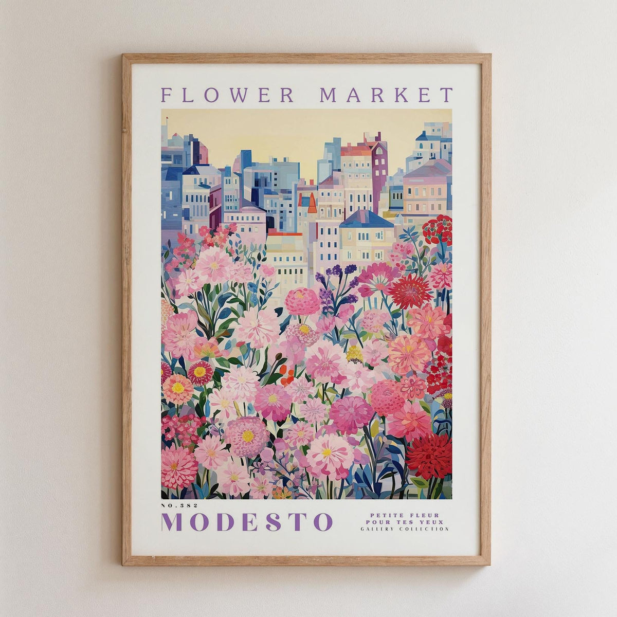 The image is a framed poster depicting a cityscape with a large field of colorful flowers in the foreground.