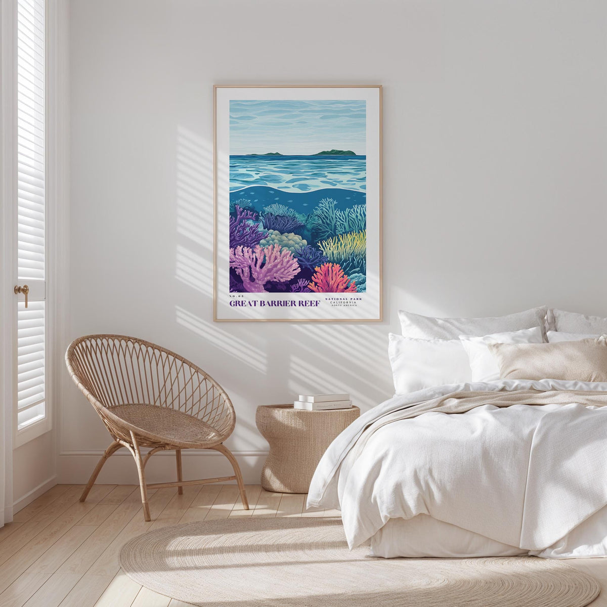 a serene bedroom scene with a large framed poster of a vibrant underwater scene hanging on the wall above a bed with white bedding.