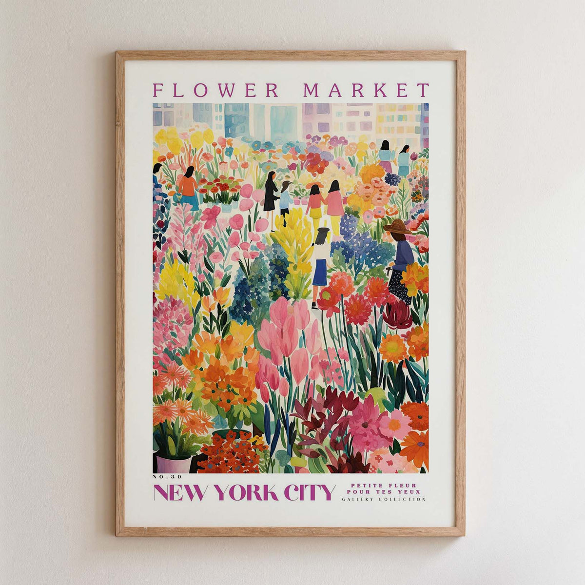 The image is a framed poster depicting a vibrant and colorful flower market in New York City.