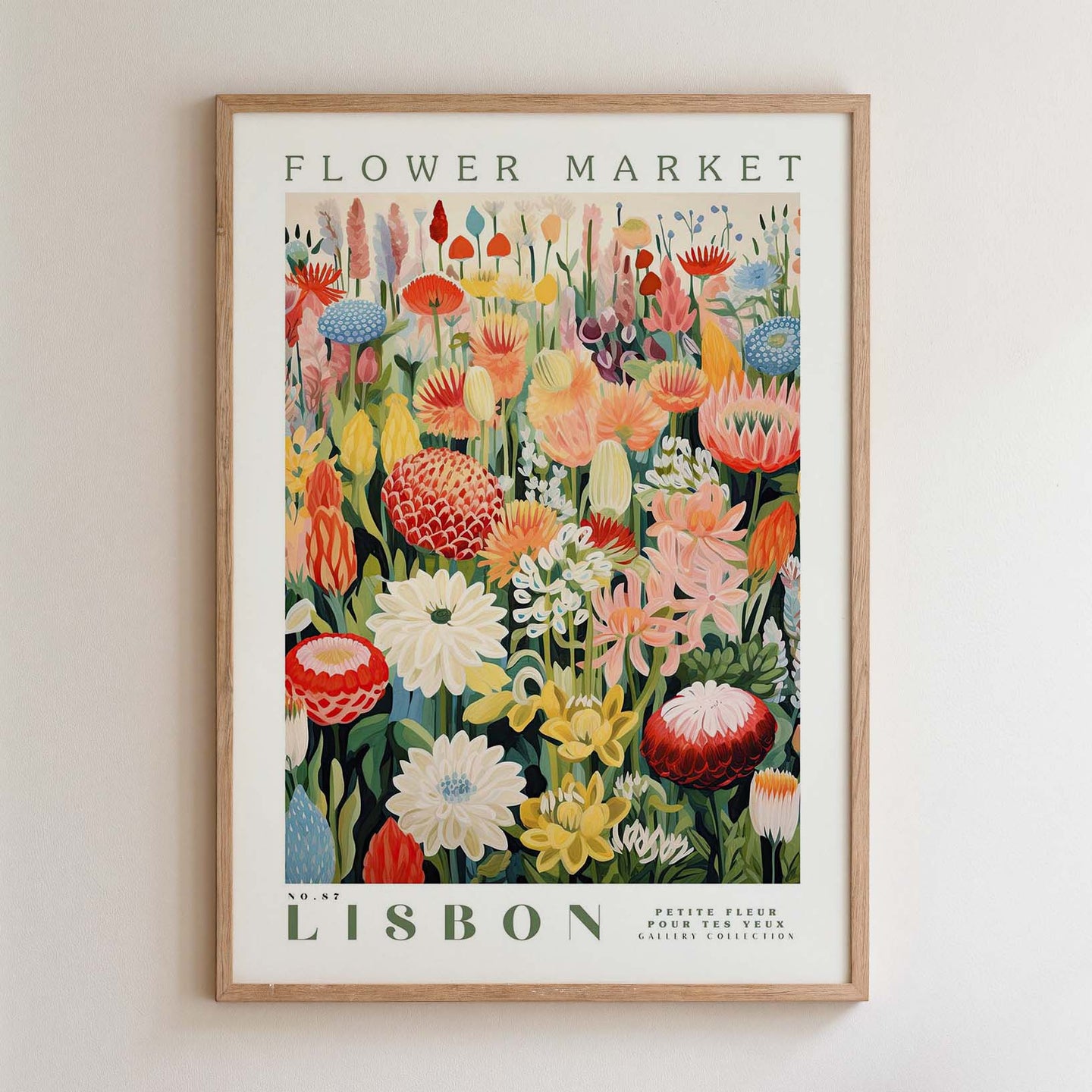 The image is a framed poster of a flower market in Lisbon, featuring a vibrant and colorful illustration of various flowers and plants.