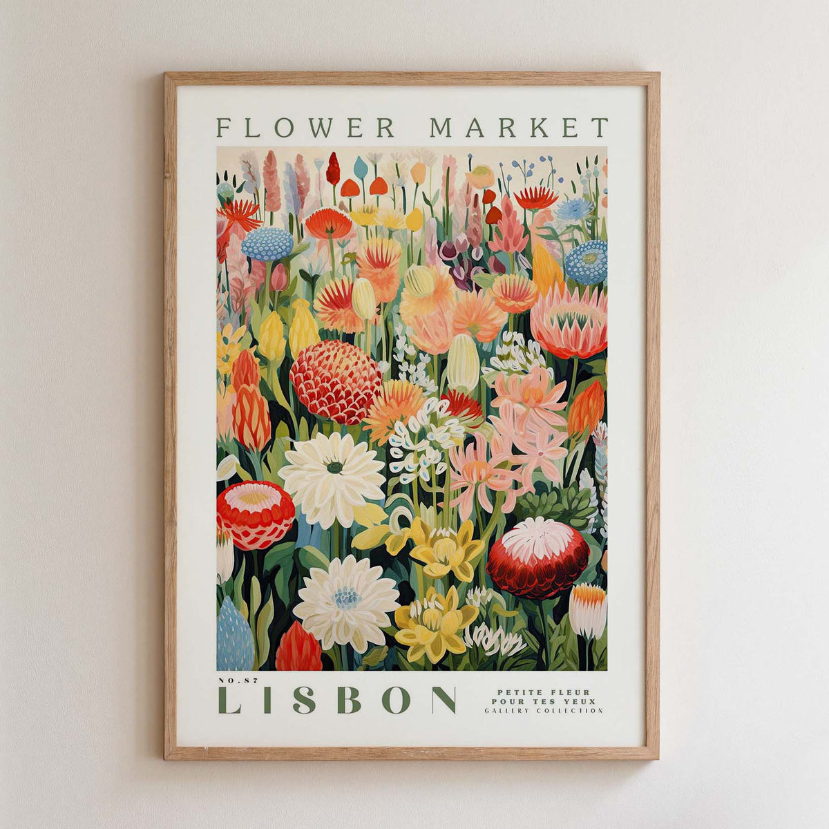 The image is a framed poster of a flower market in Lisbon, featuring a vibrant and colorful illustration of various flowers and plants.