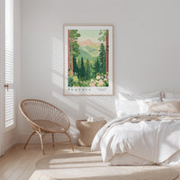 a serene bedroom scene with a large framed poster of a lush forest landscape hanging on the wall above a bed with white bedding.