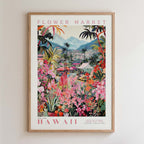 The image is a framed poster depicting a vibrant and colorful tropical flower market in Hawaii.