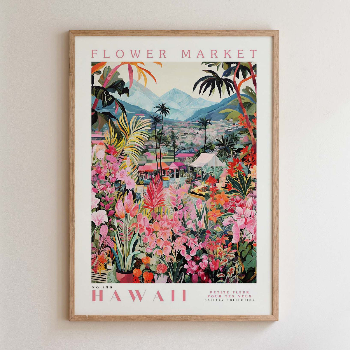 The image is a framed poster depicting a vibrant and colorful tropical flower market in Hawaii.