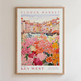 The image is a framed poster depicting a vibrant flower market in Key West, Florida.