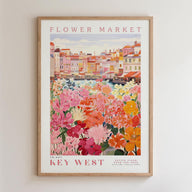 The image is a framed poster depicting a vibrant flower market in Key West, Florida.