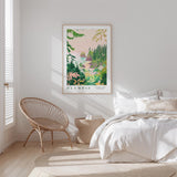 a bedroom with a large poster of a tropical landscape hanging on the wall above a bed with white bedding.