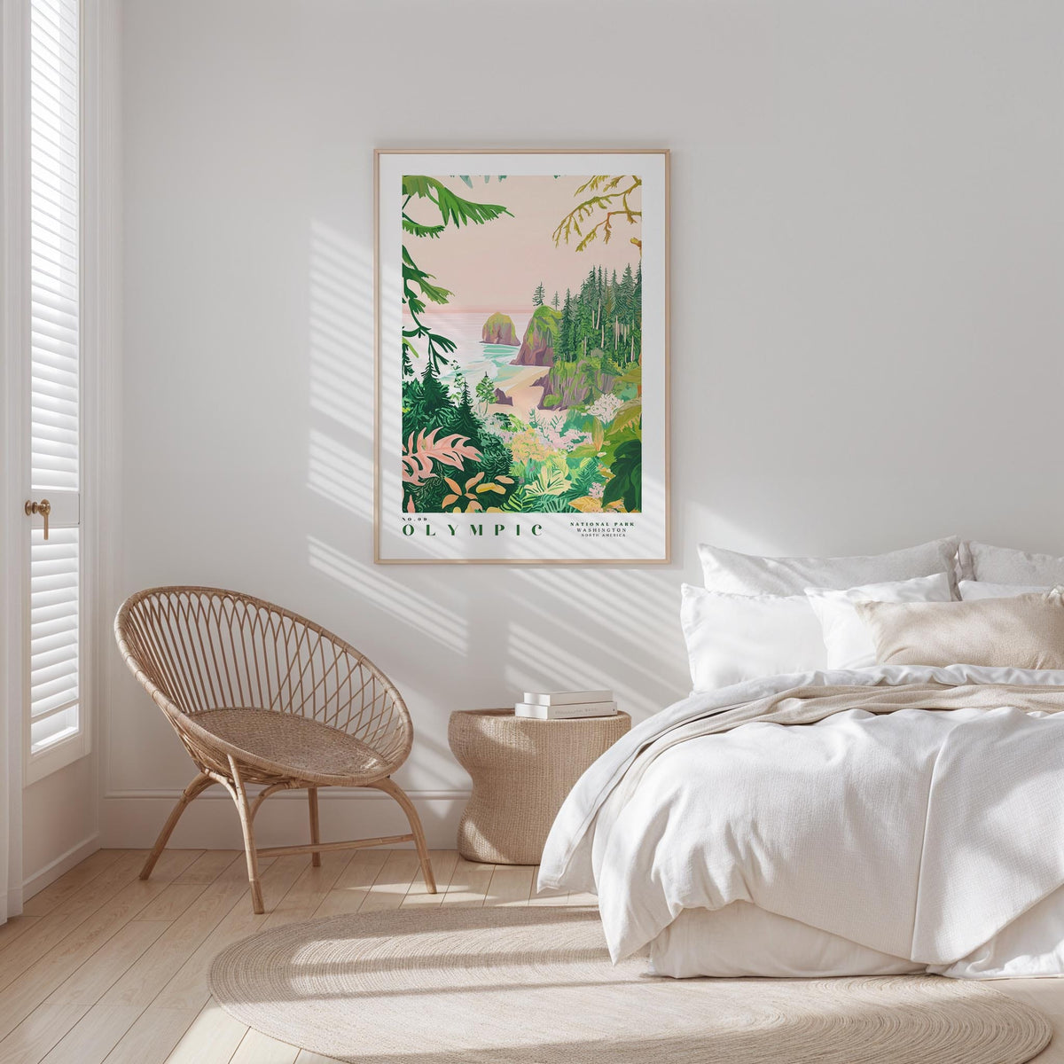 a bedroom with a large poster of a tropical landscape hanging on the wall above a bed with white bedding.