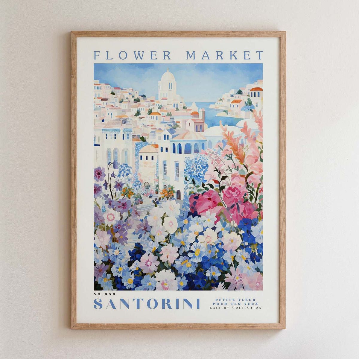 The image is a framed poster depicting a colorful and vibrant flower market in Santorini, Greece.