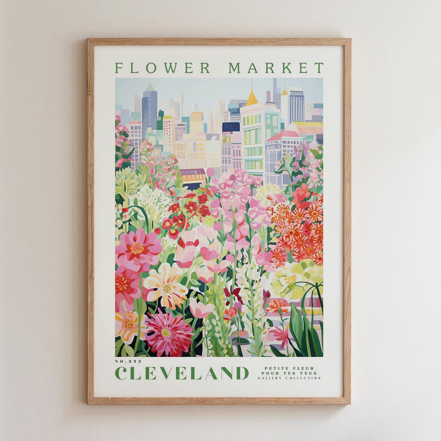 The image is a framed poster depicting a vibrant and colorful flower market in Cleveland, Ohio.
