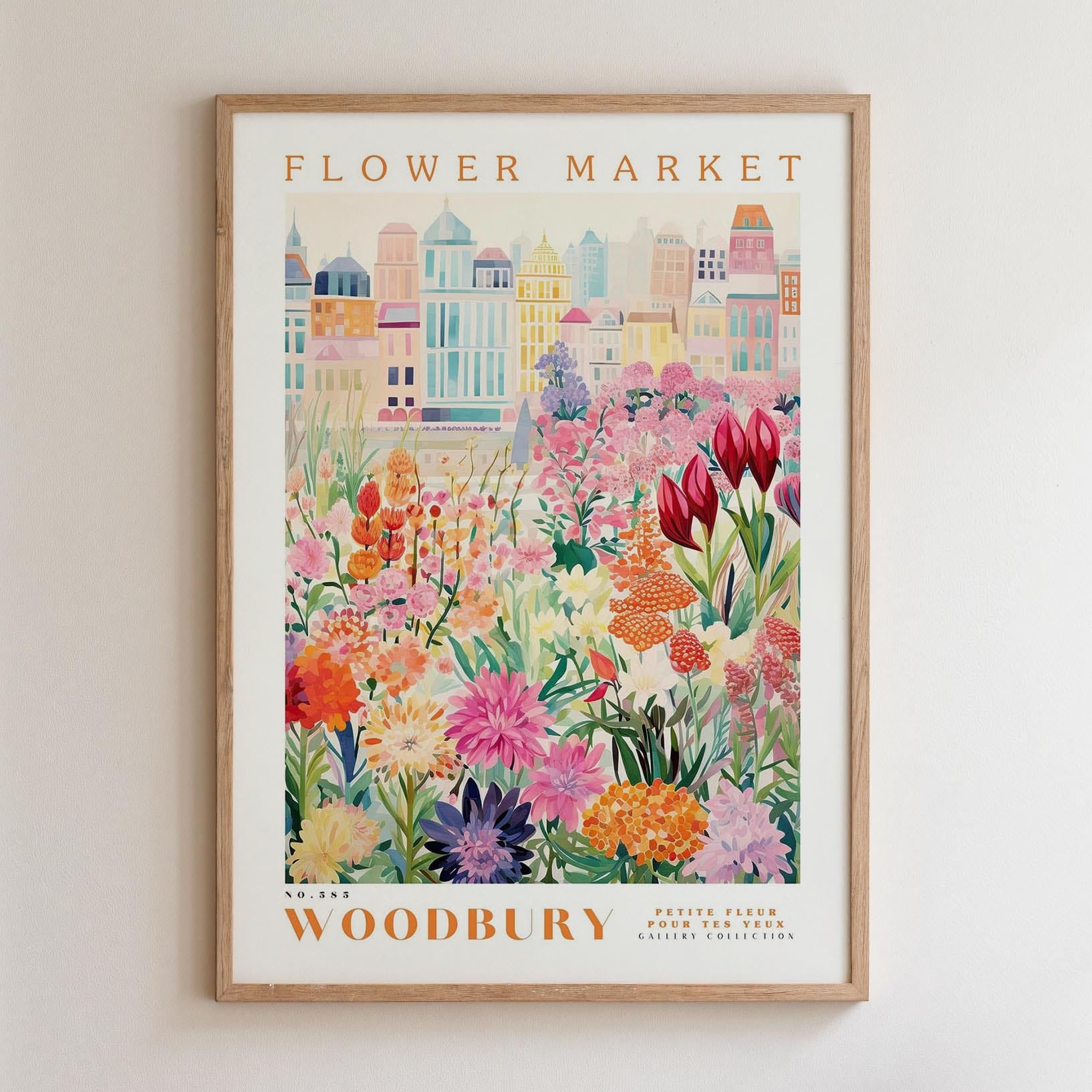 The image is a framed poster depicting a vibrant and colorful flower market in Woodbury, with a variety of flowers and plants arranged in a visually appealing manner.