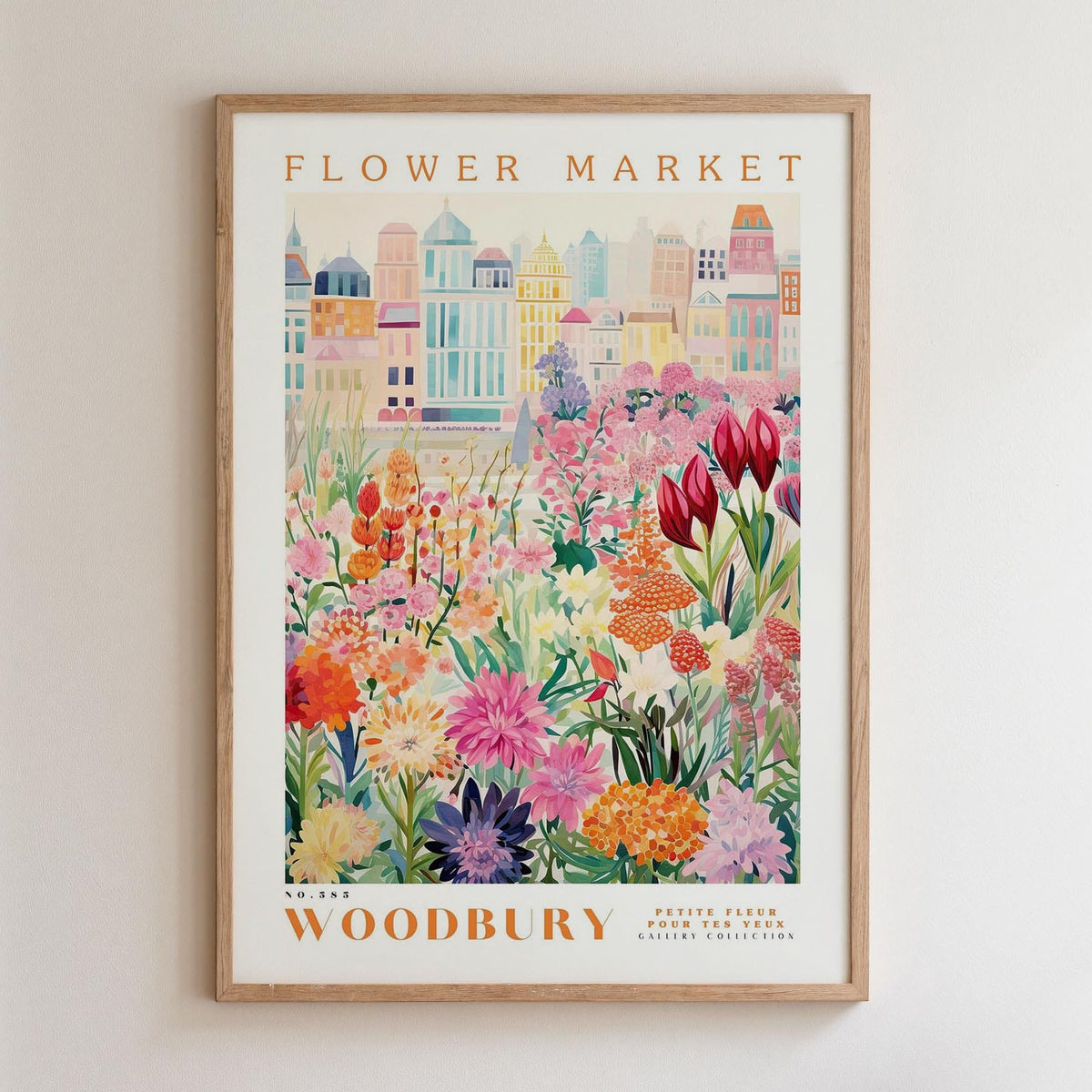 The image is a framed poster depicting a vibrant and colorful flower market in Woodbury, with a variety of flowers and plants arranged in a visually appealing manner.