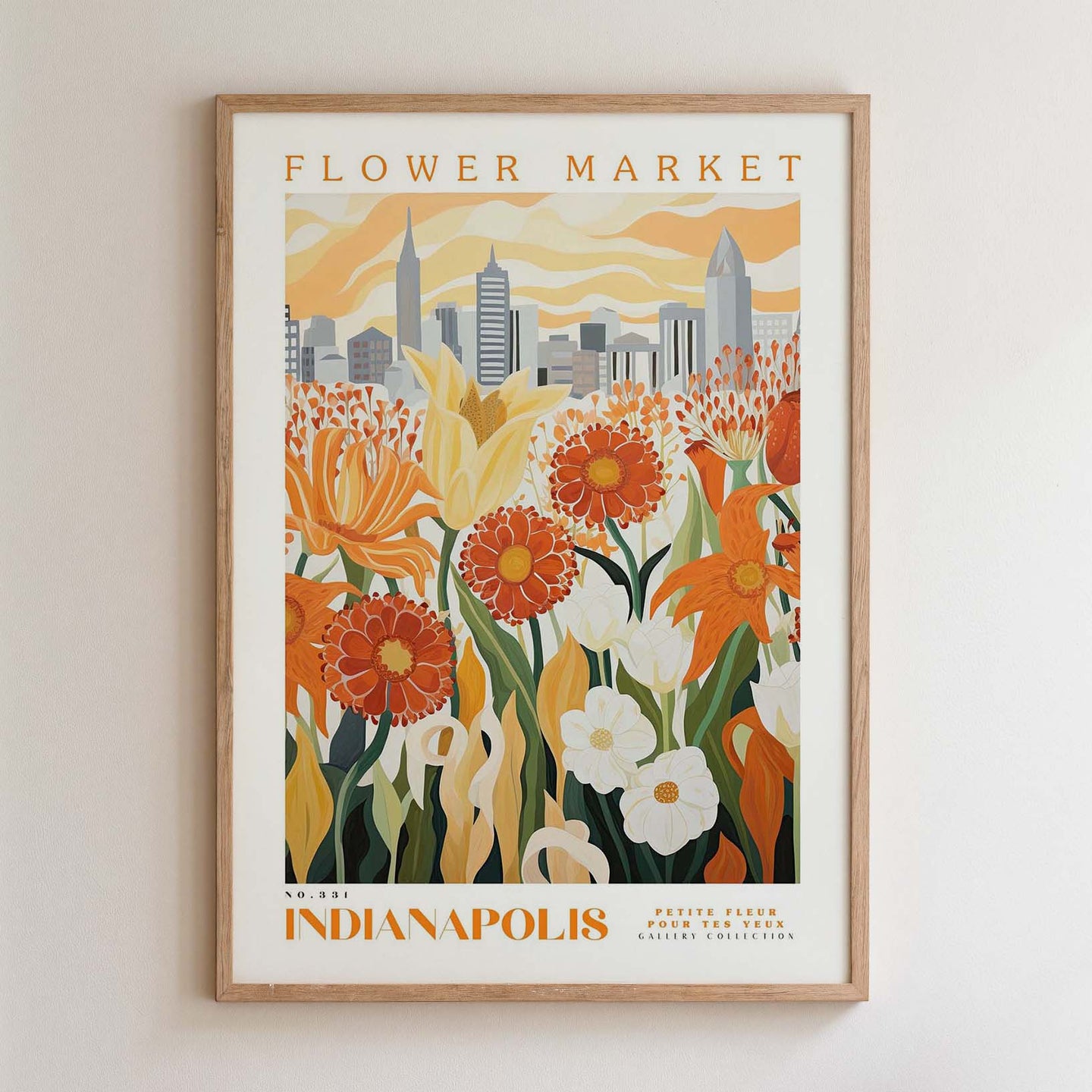 The image is a framed poster depicting a cityscape with a field of flowers in the foreground.