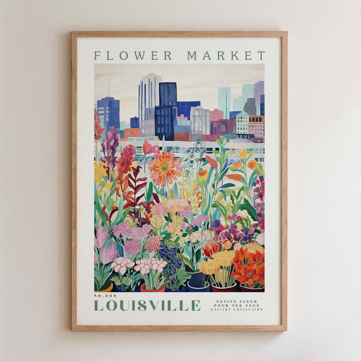 The image is a framed poster depicting a vibrant and colorful flower market in Louisville, Kentucky.