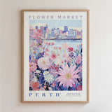 The image is a framed poster depicting a cityscape with a flower market in the foreground.