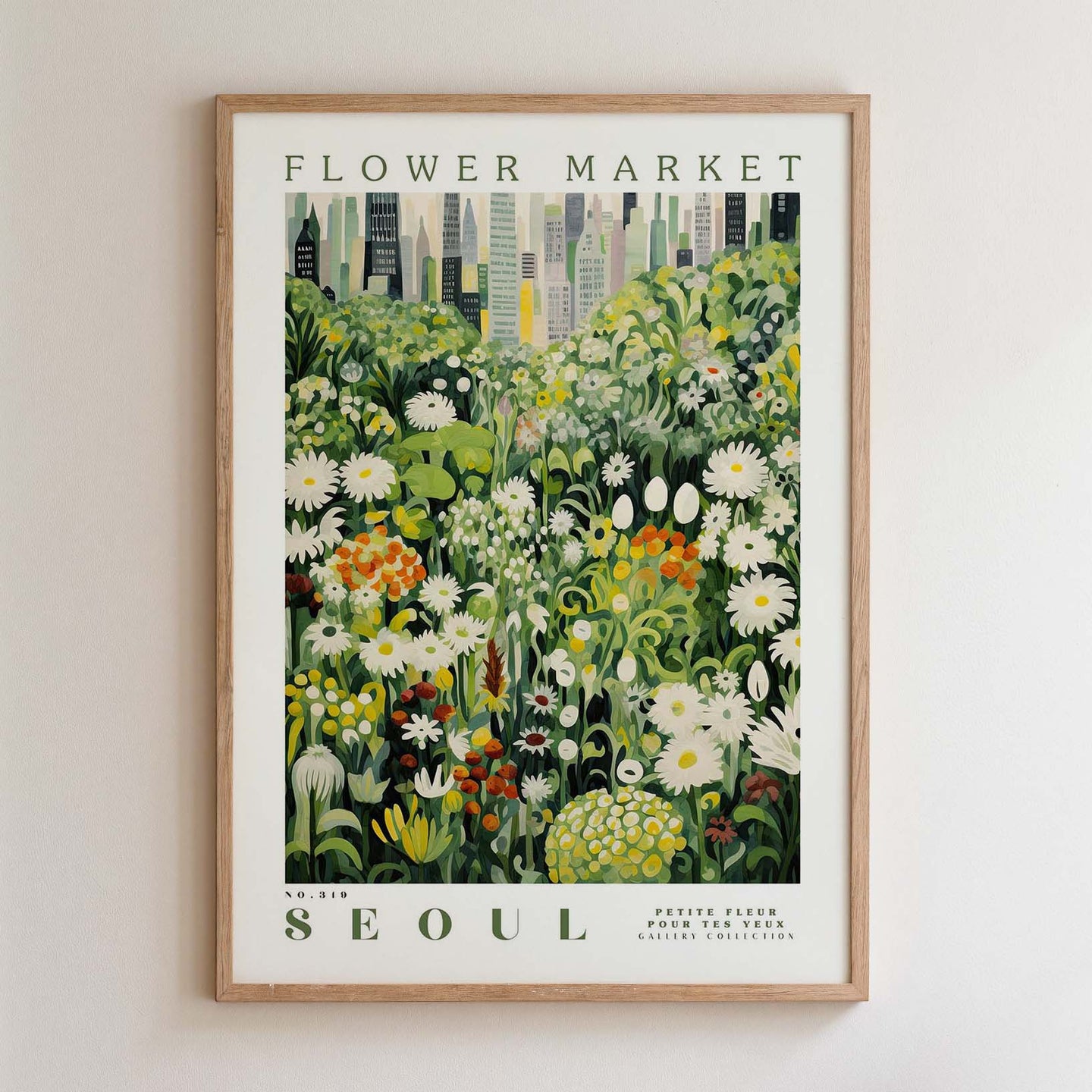 The image is a framed poster depicting a vibrant and colorful flower market in Seoul, South Korea.