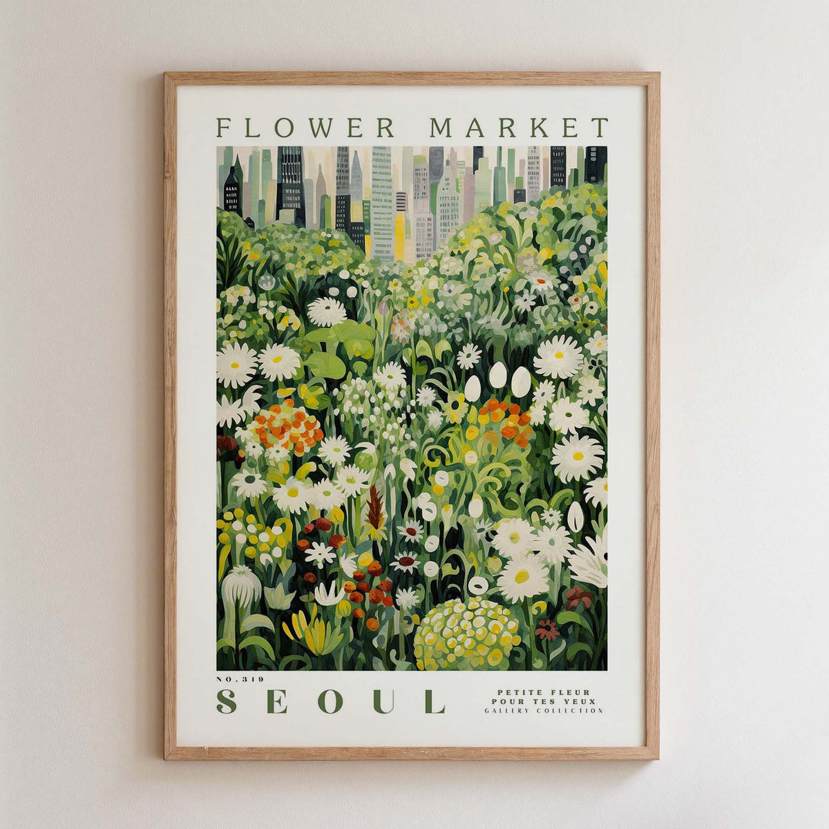 The image is a framed poster depicting a vibrant and colorful flower market in Seoul, South Korea.