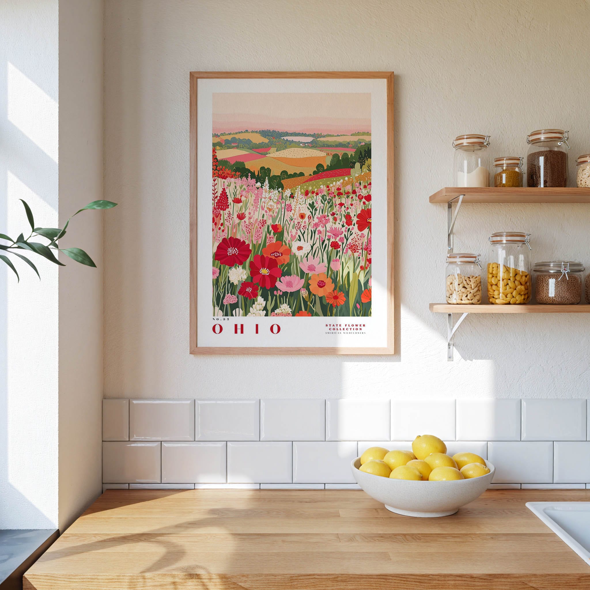 a kitchen counter with a bowl of lemons, a framed poster of a field of flowers, and a shelf with jars and containers.