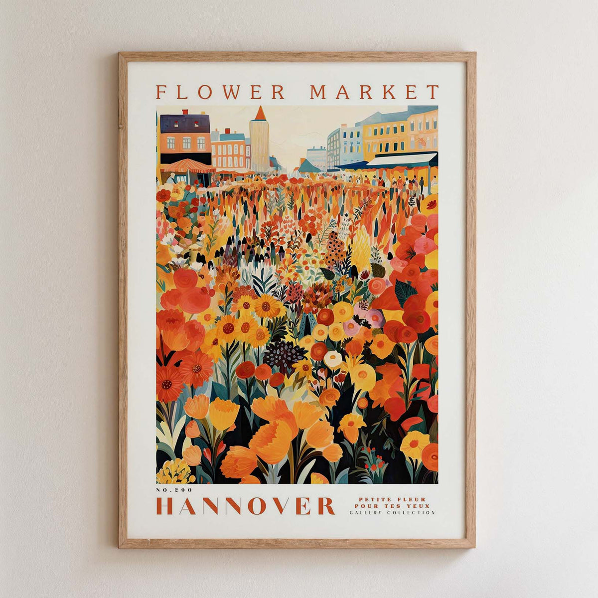 The image is a framed poster depicting a vibrant and colorful flower market in Hannover, Germany.