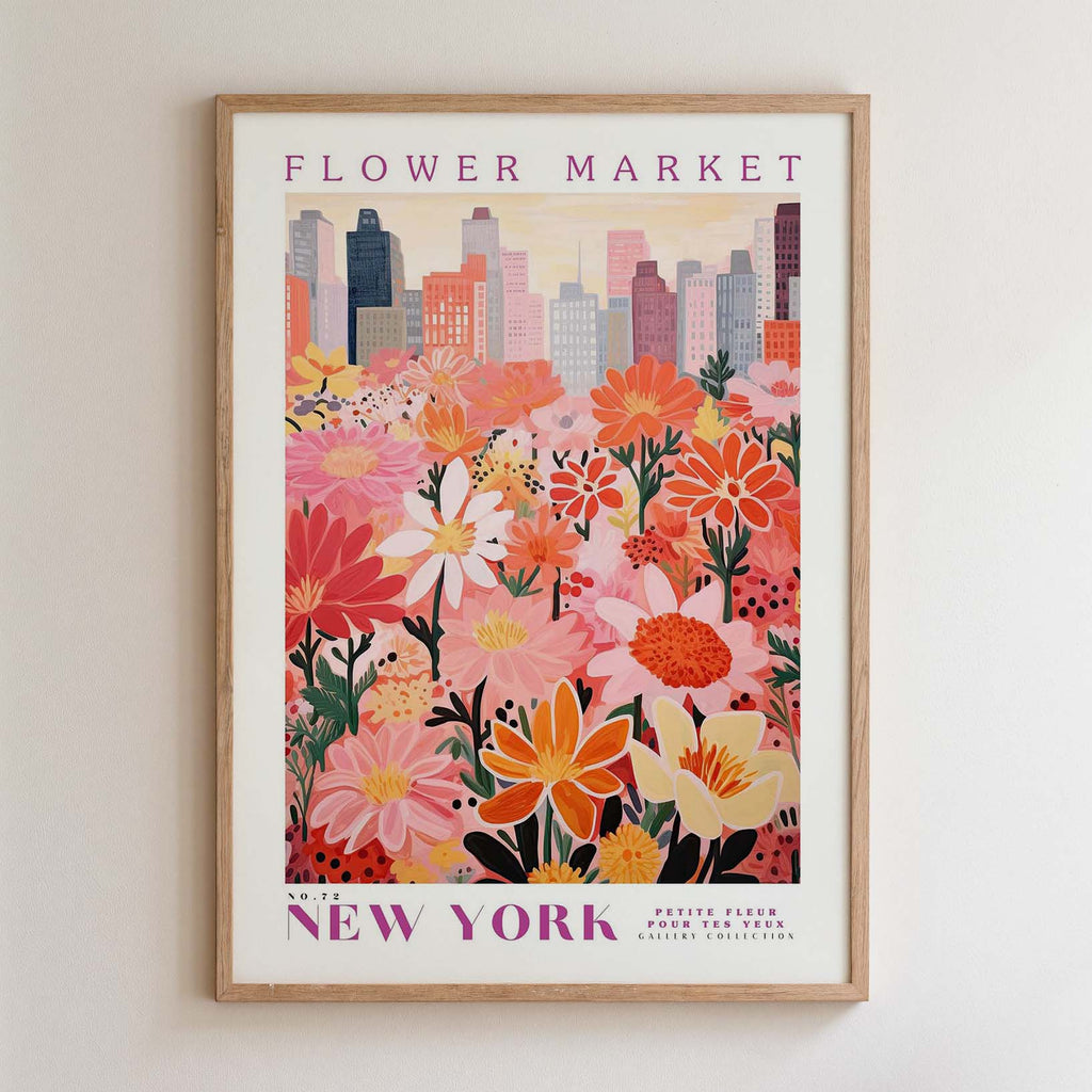 The image is a framed poster depicting a vibrant and colorful flower market in New York.