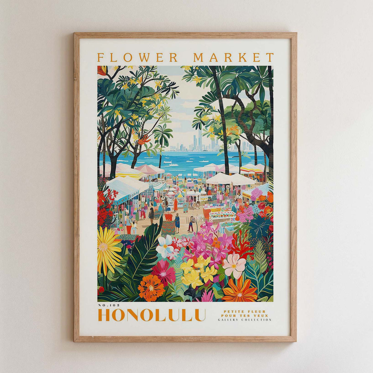 The image is a framed poster depicting a vibrant and colorful scene from the Flower Market in Honolulu, Hawaii.
