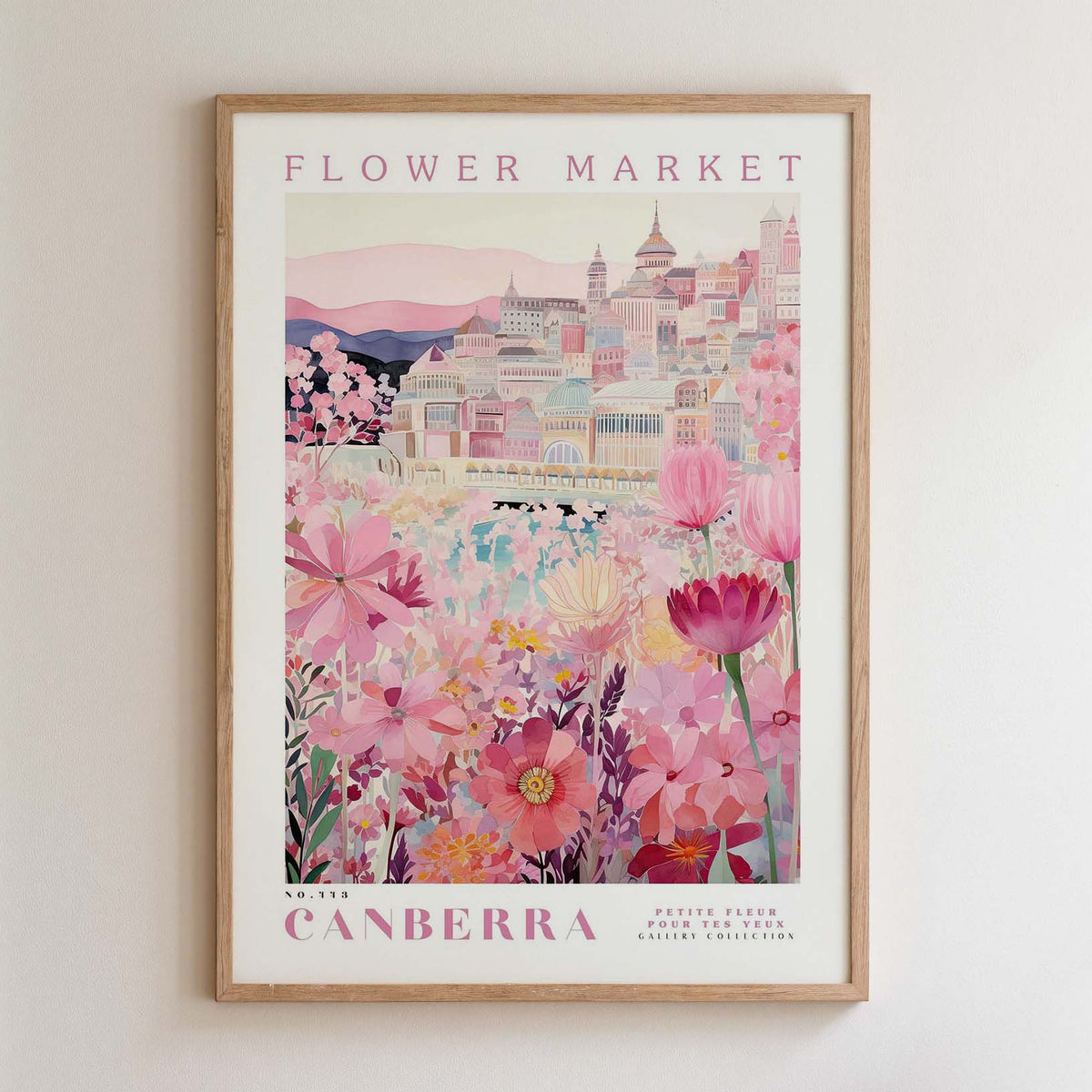 The image is a framed poster depicting a cityscape with a flower market in the background.