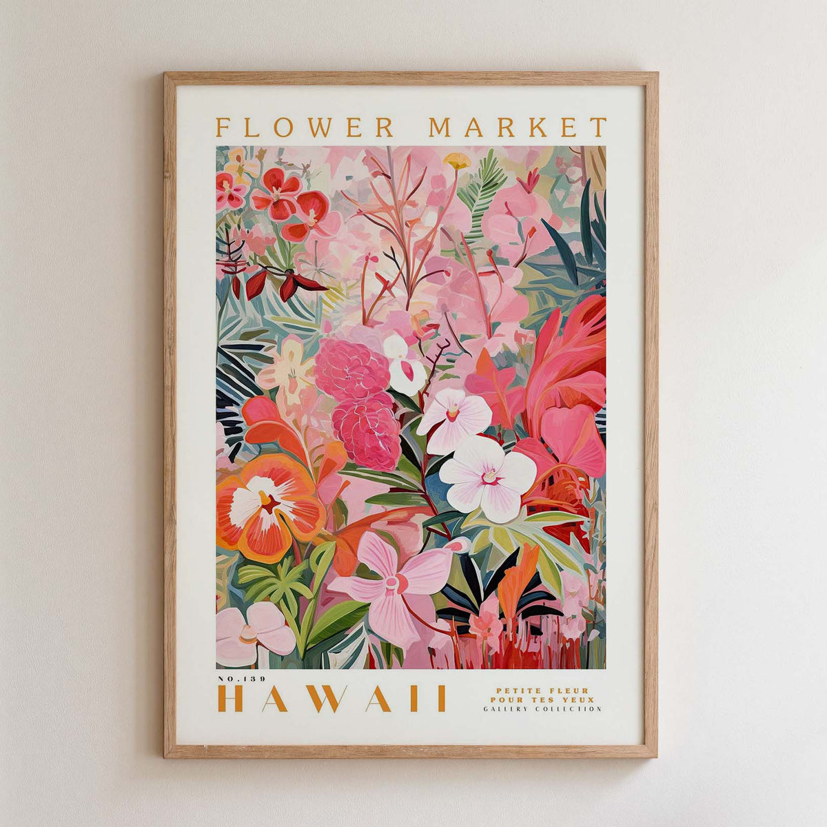 The image is a framed poster of a vibrant and colorful floral arrangement, depicting various flowers and plants in a tropical setting.