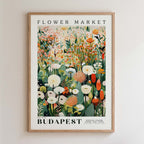 The image is a framed poster depicting a vibrant and colorful floral scene, likely from the Flower Market in Budapest.