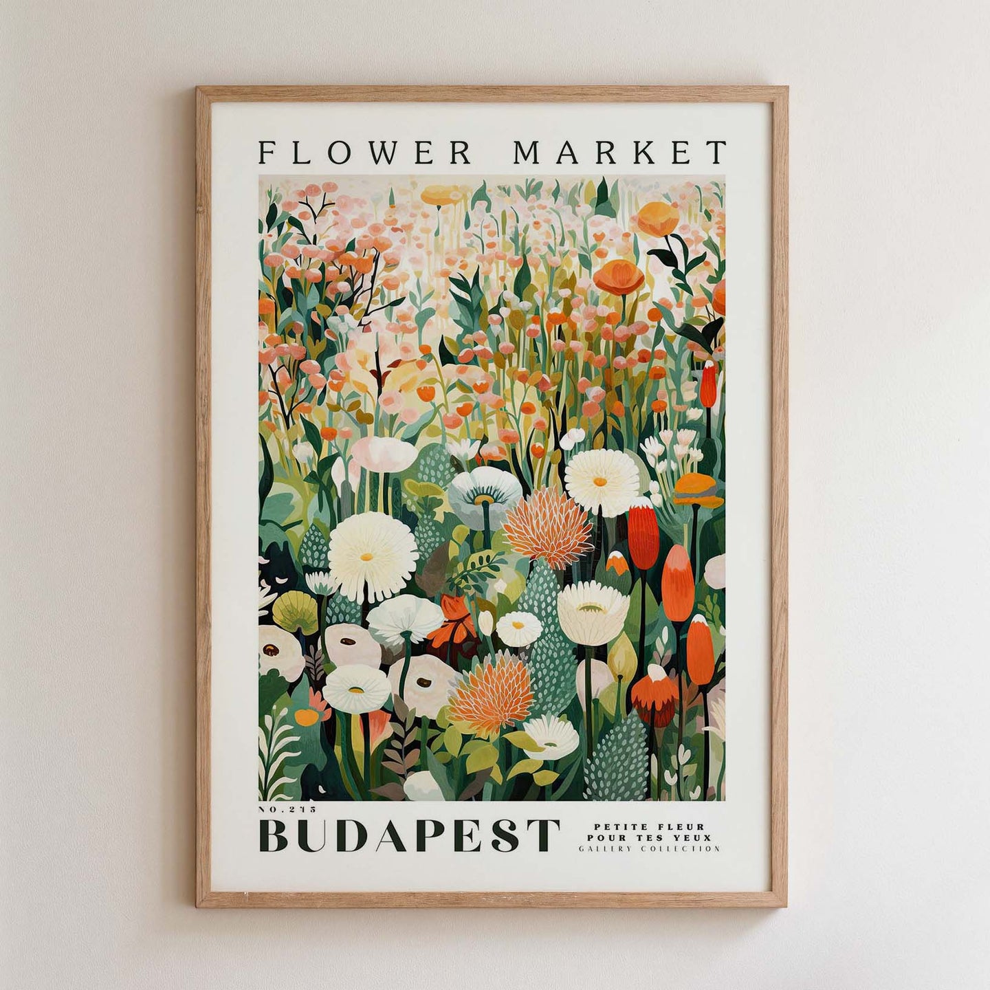 The image is a framed poster depicting a vibrant and colorful floral scene, likely from the Flower Market in Budapest.