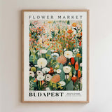 The image is a framed poster depicting a vibrant and colorful floral scene, likely from the Flower Market in Budapest.