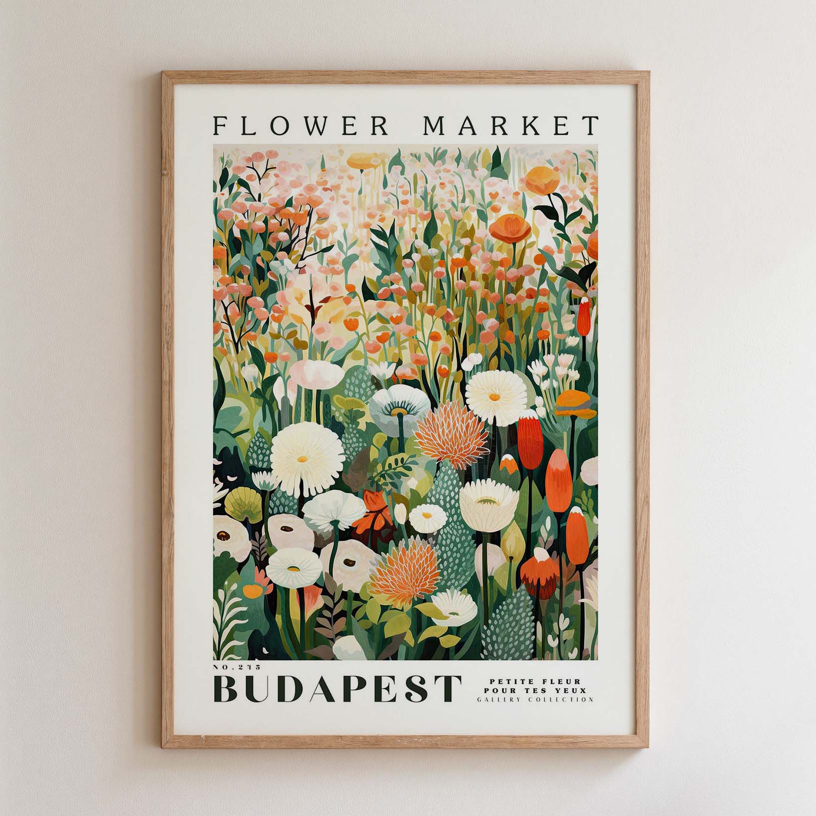 The image is a framed poster depicting a vibrant and colorful floral scene, likely from the Flower Market in Budapest.