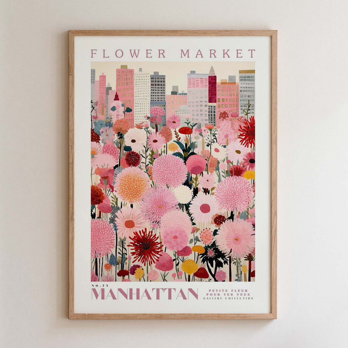 The image is a framed poster depicting a cityscape with a large field of colorful flowers in the foreground.