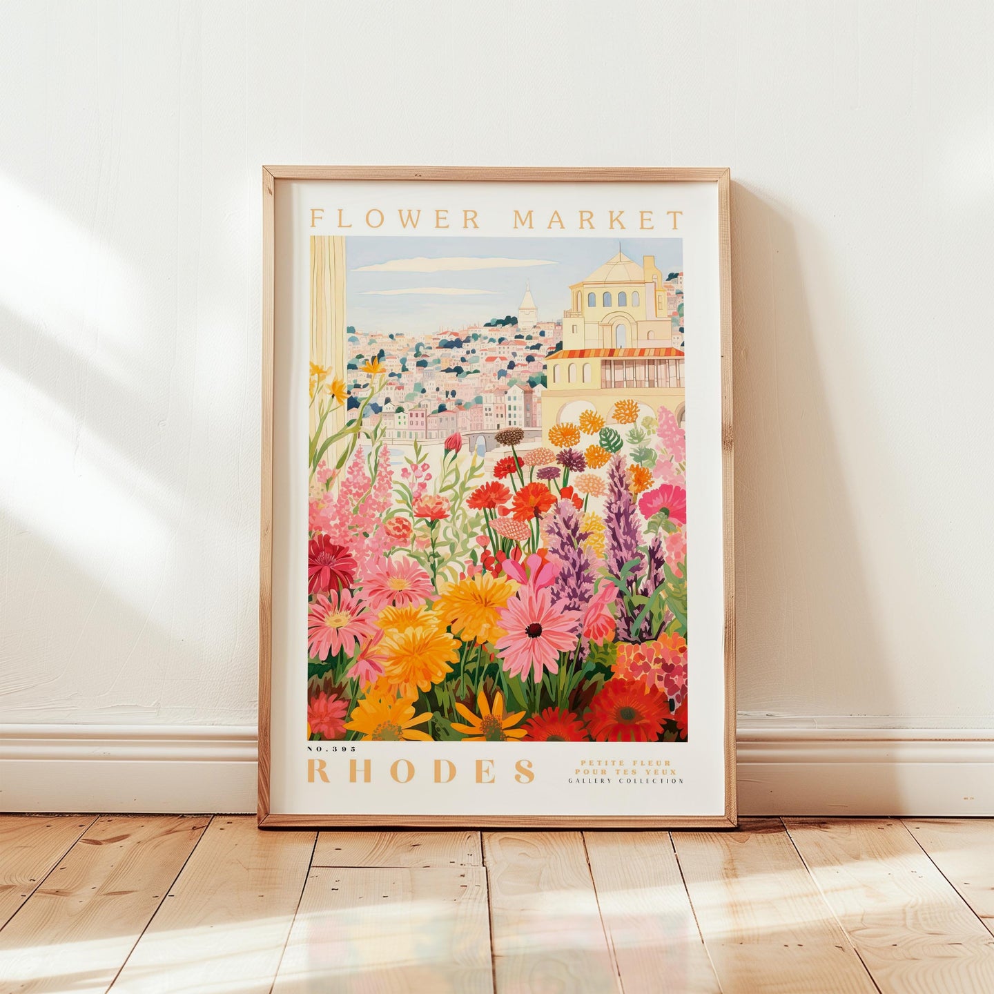 A framed poster depicting a vibrant and colorful flower market in Rhodes, Greece.