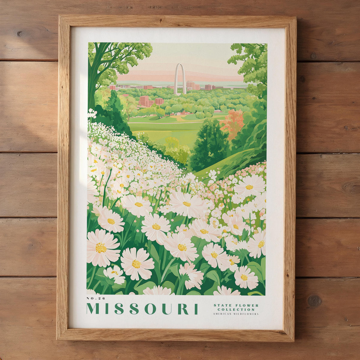A framed illustration of a field of white flowers with a cityscape in the background, depicting the state of Missouri.