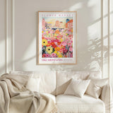 a poster of a flower market in Oklahoma City, with a cityscape in the background.