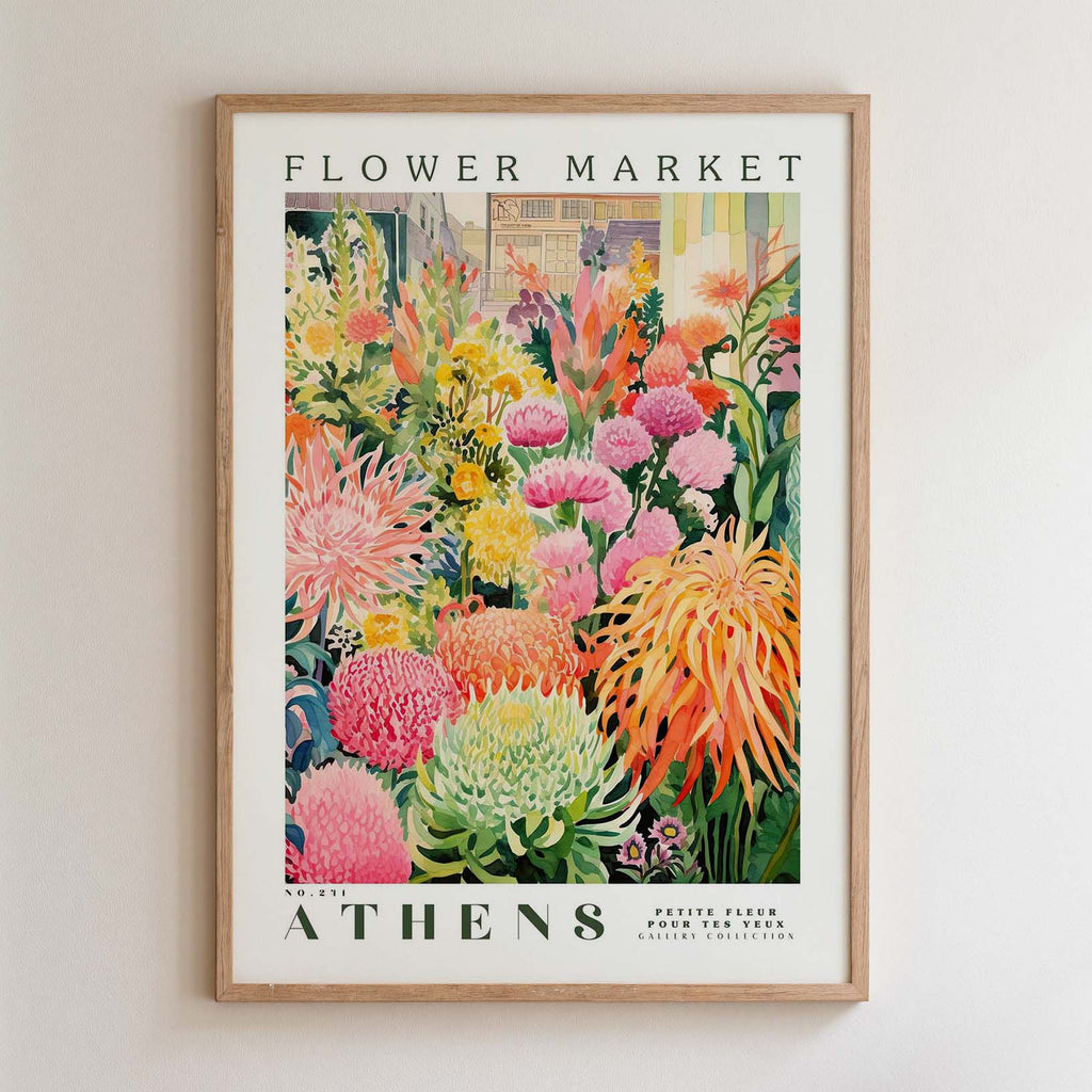 The image is a framed poster depicting a vibrant and colorful flower market in Athens, Greece.