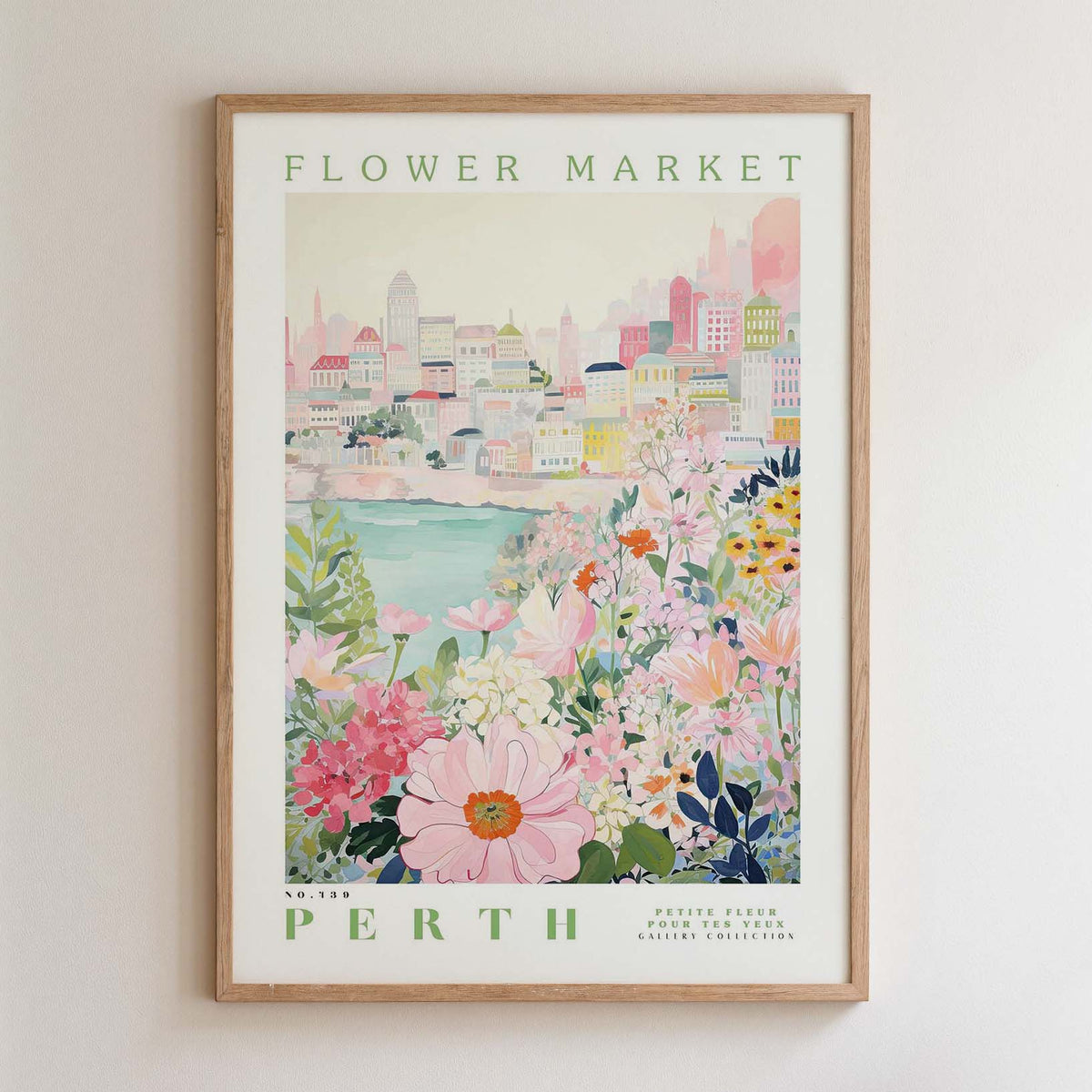 The image is a framed poster depicting a cityscape with a flower market in the background.