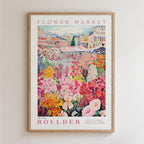 The image is a framed poster depicting a vibrant and colorful flower market in Boulder, Colorado.