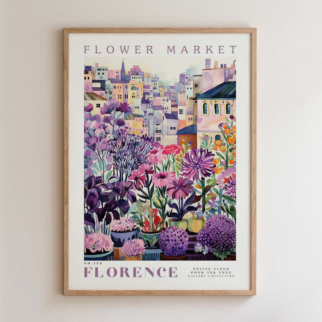 The image is a framed poster depicting a vibrant and colorful flower market in Florence, Italy.