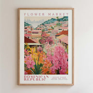 The image is a framed poster depicting a colorful and vibrant flower market in the Dominican Republic.