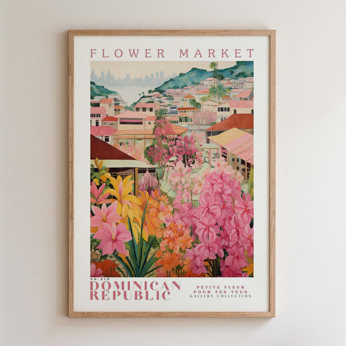 The image is a framed poster depicting a colorful and vibrant flower market in the Dominican Republic.