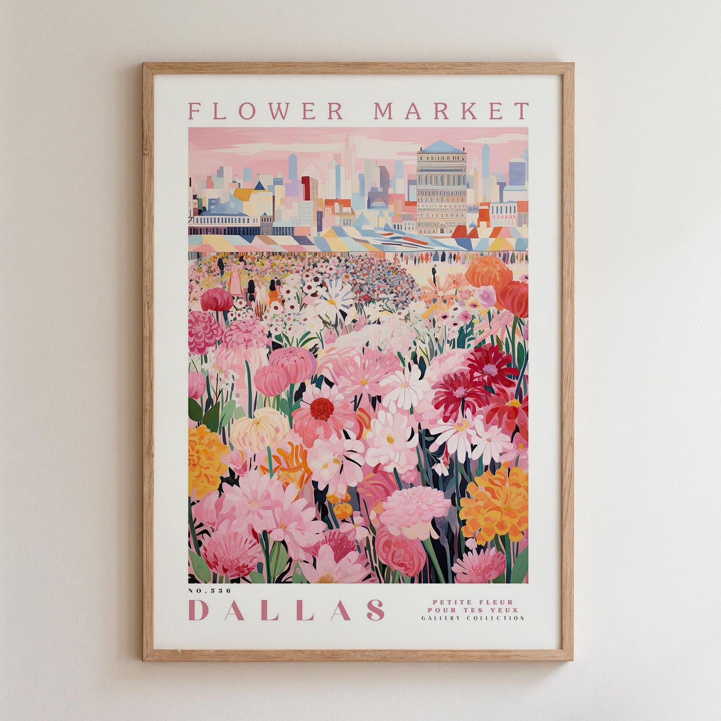 The image is a framed poster depicting a vibrant and colorful flower market in Dallas, Texas.