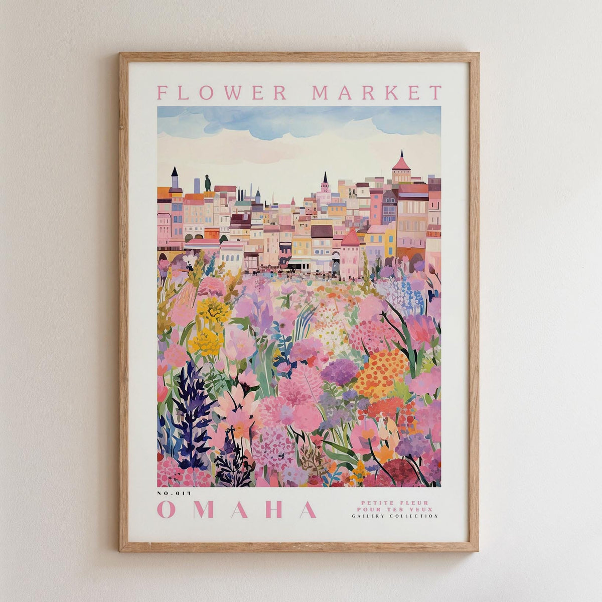 The image is a framed poster depicting a colorful and vibrant cityscape with a variety of flowers and plants in the foreground.