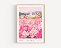 A framed poster depicting a scenic view of the state flower garden in West Virginia, with a large white building and a field of pink and white flowers in the foreground.
