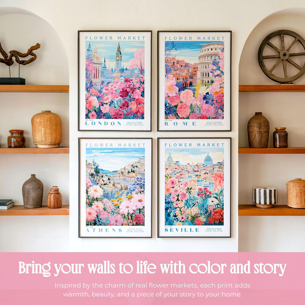 four framed prints of flower market scenes from different cities, including London, Athens, and Seville, displayed on a wall above wooden shelves.