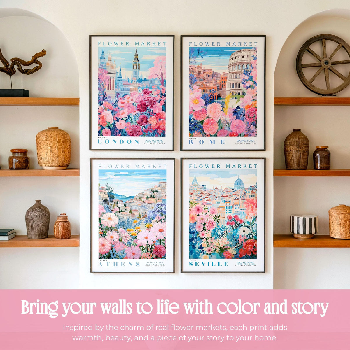 four framed prints of flower market scenes from different cities, including London, Athens, and Seville, displayed on a wall above wooden shelves.
