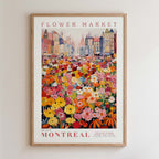 The image is a framed poster depicting a vibrant and colorful flower market in Montreal, Canada.