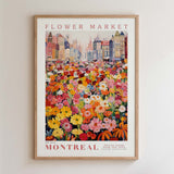 The image is a framed poster depicting a vibrant and colorful flower market in Montreal, Canada.